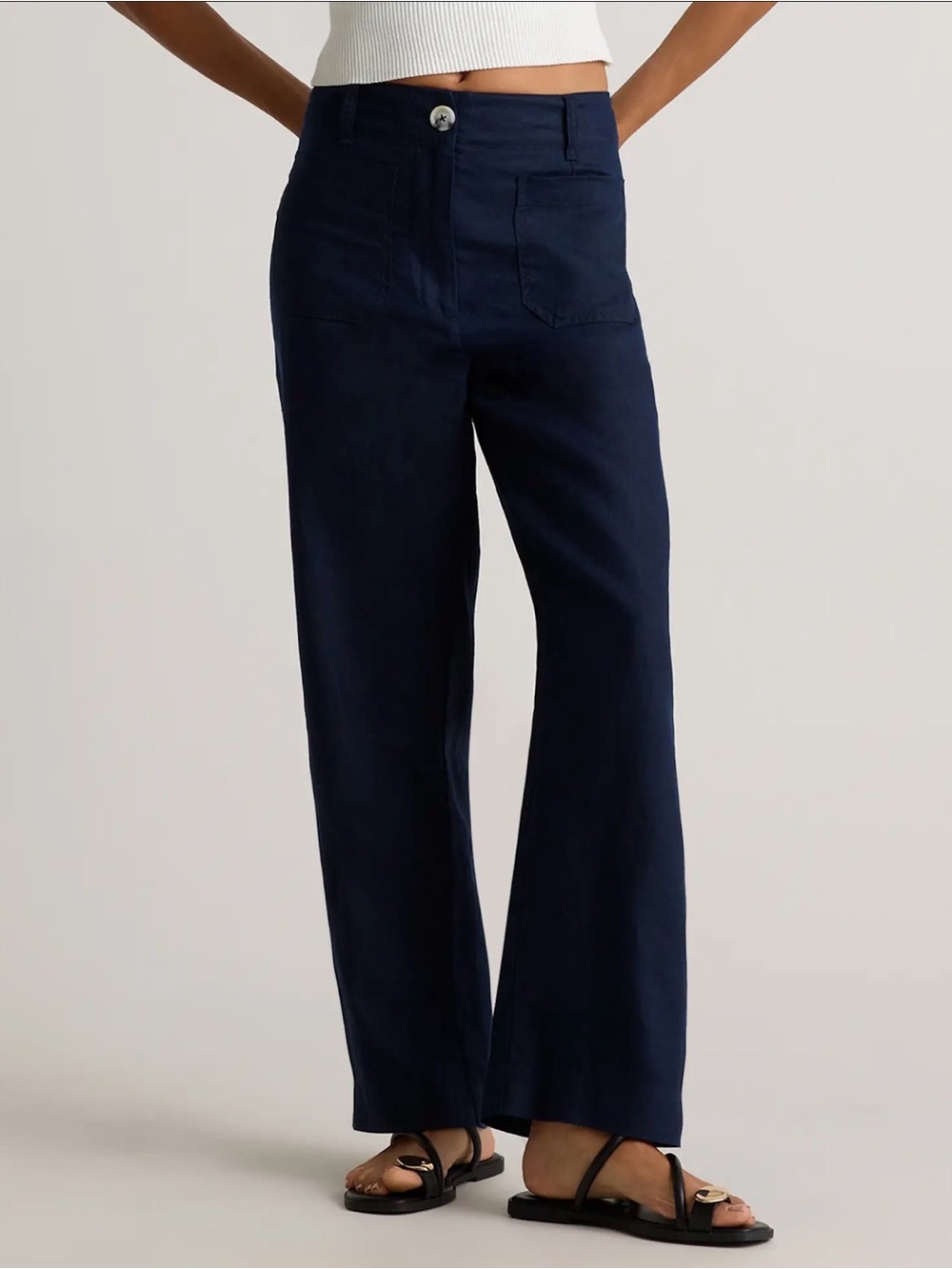 Quince 100% European Linen Patch Pocket Wide Leg Pants Deep Navy